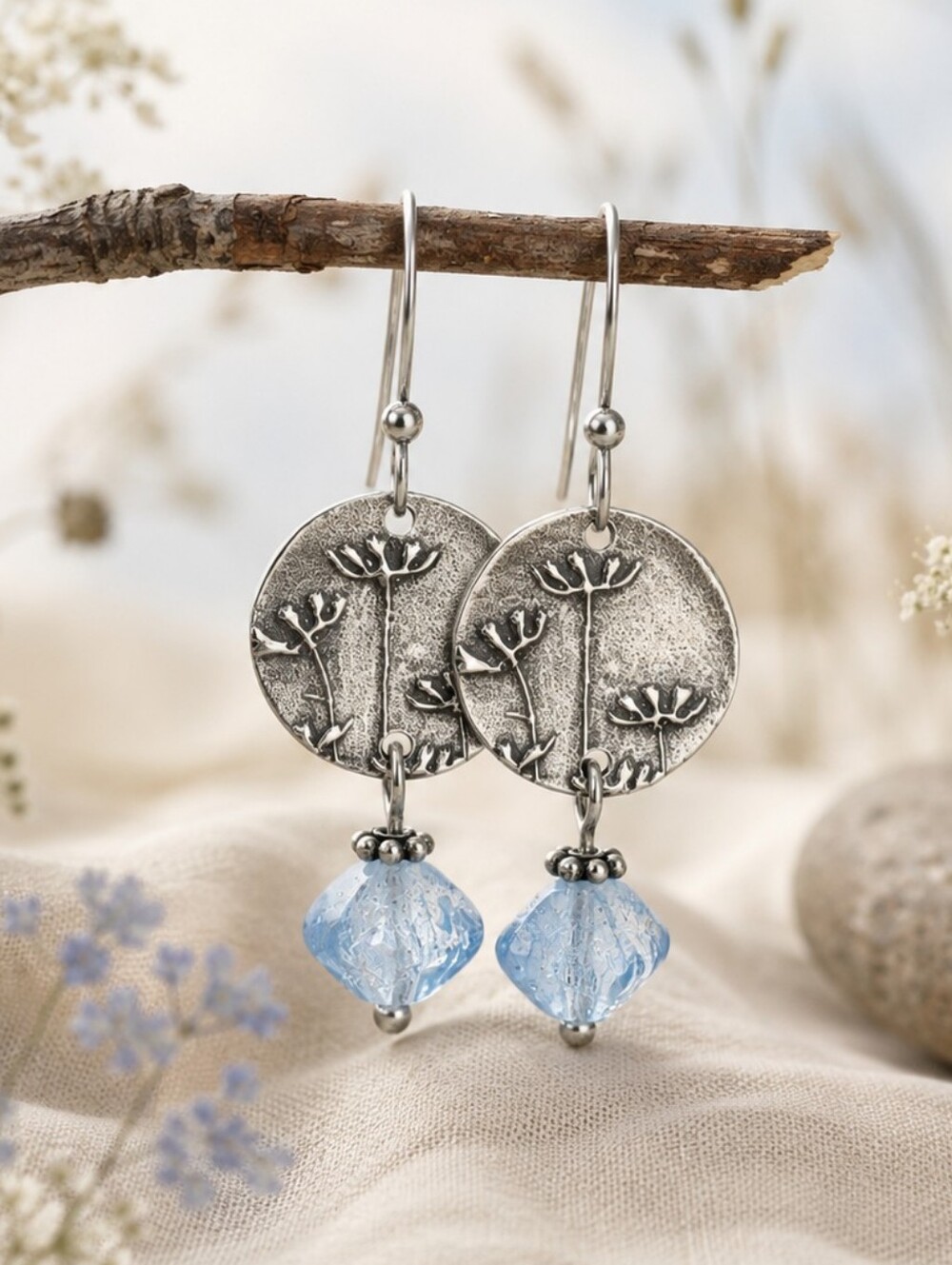 Artisan Pewter Wildflower Earrings Blue Vintage Glass Botanical Hand Crafted